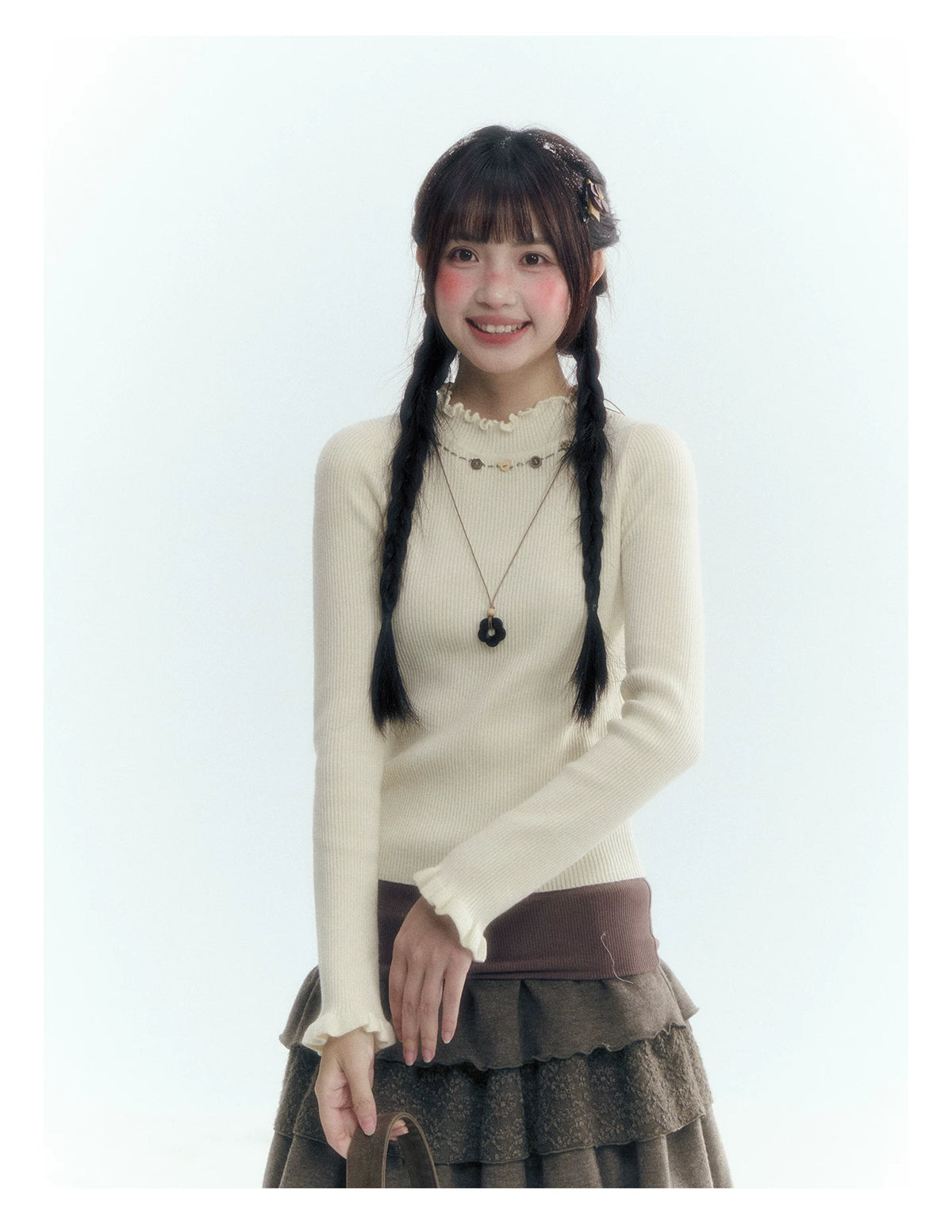 Horridale - Vintage Ruffle-Trim Wool-Blend Mock Neck Top (White Almond / Dark Gray)