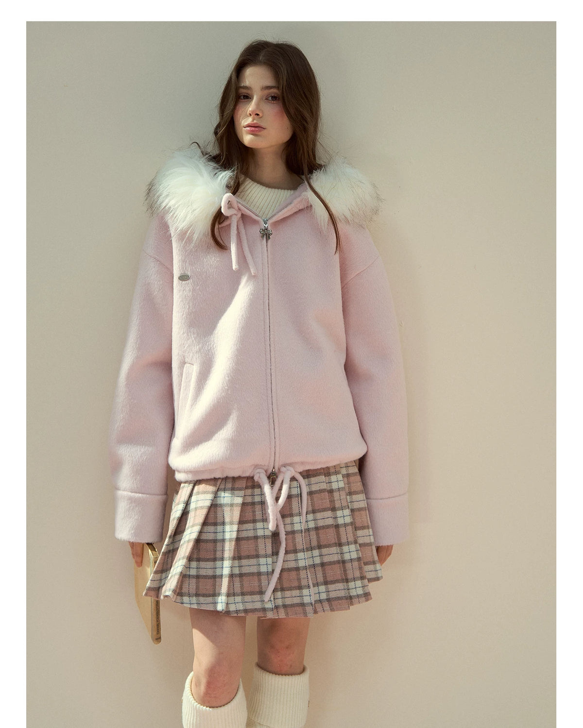 SunsetPark - "Warm Winter Days" Faux Fur Collar Wool-Blend Top Coat (Gray / Pink)