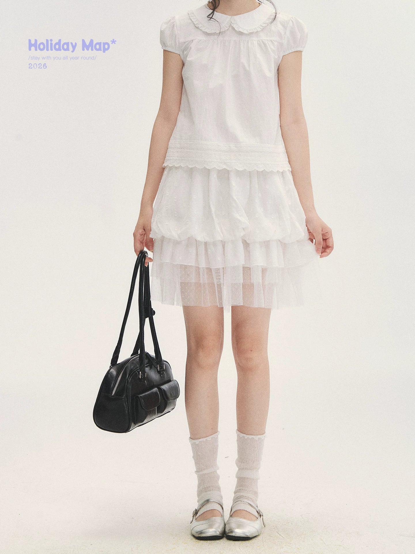 "Black & White Sonata" Polka Dot Mesh Tiered Jellyfish Skirt (White/ Black)
