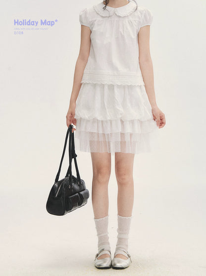 "Black & White Sonata" Polka Dot Mesh Tiered Jellyfish Skirt (White/ Black)