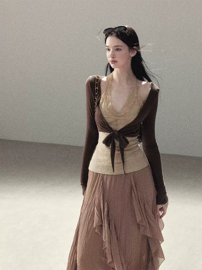 AOMALM - "Tender in This Moment" Rich Cocoa Faux Two-Piece Lace Top