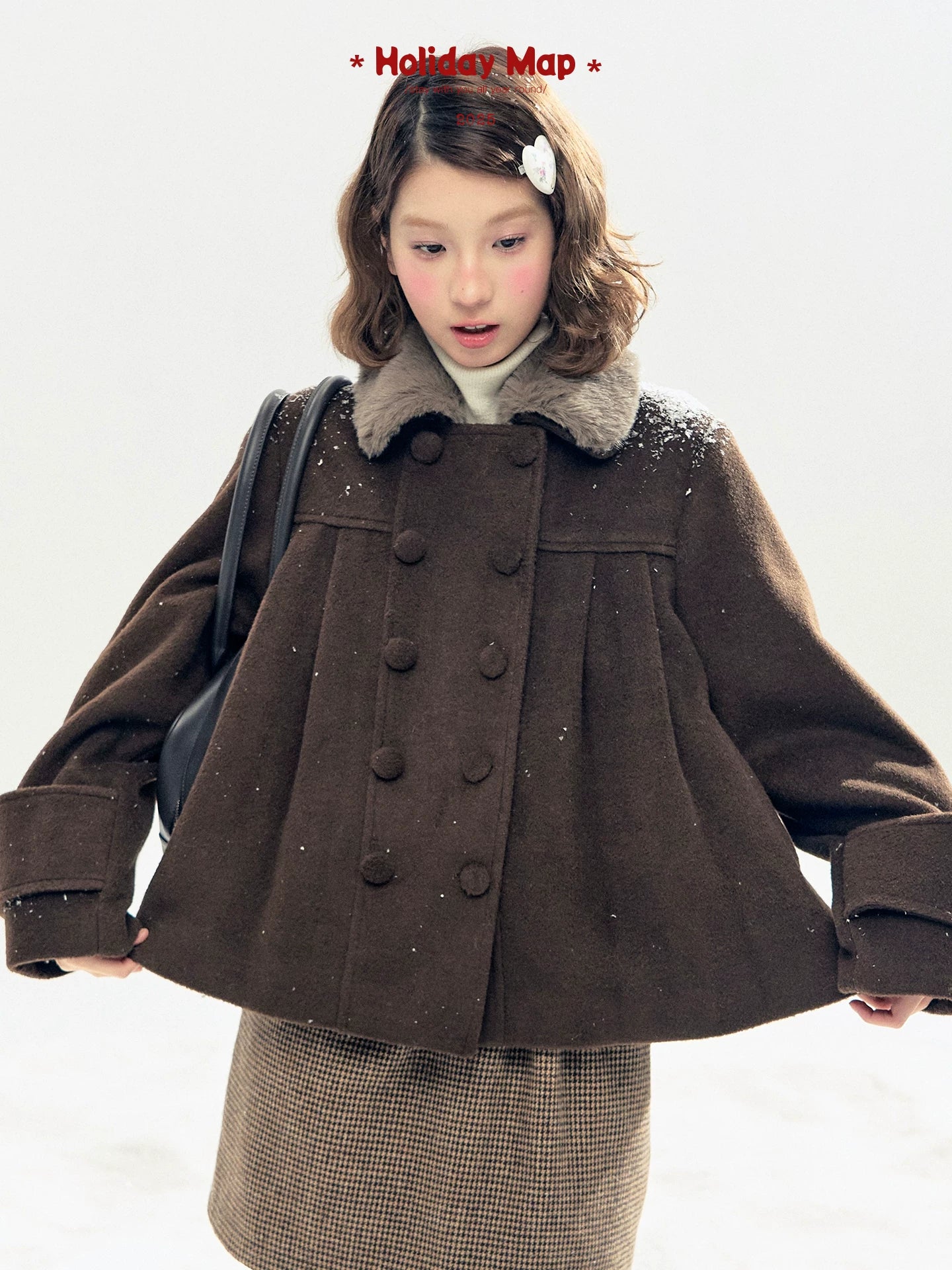 "Berlin Snowfall" Double-Breasted Quilted Wool-Blend Peacoat (Ivory/ Chocolate Brown)