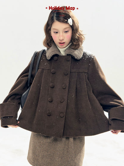 "Berlin Snowfall" Double-Breasted Quilted Wool-Blend Peacoat (Ivory/ Chocolate Brown)