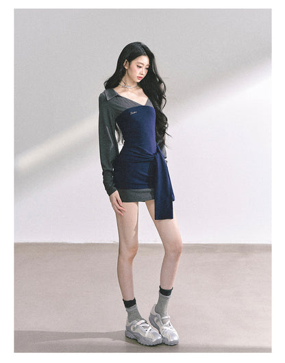 少也眼 “Campus Rebel" Checkered Bodycon Mini Dress - Navy Blue 514354