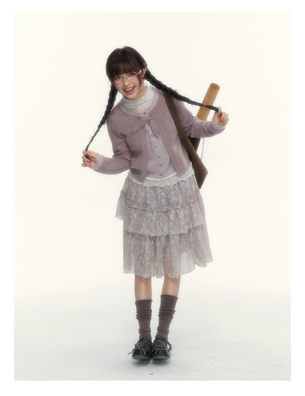 Misty Gray Pink Vintage Lace Tiered A-Line Skirt