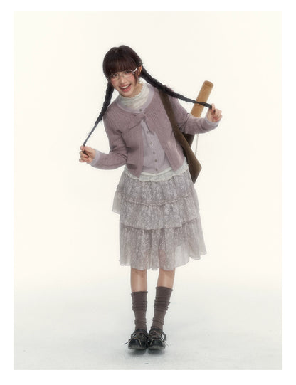 Misty Gray Pink Vintage Lace Tiered A-Line Skirt