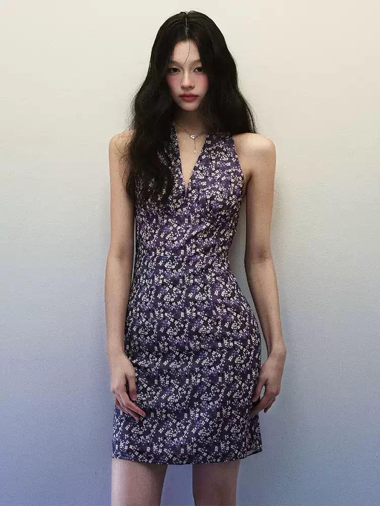 1P - Purple Floral Halter V-Neck Mini Dress