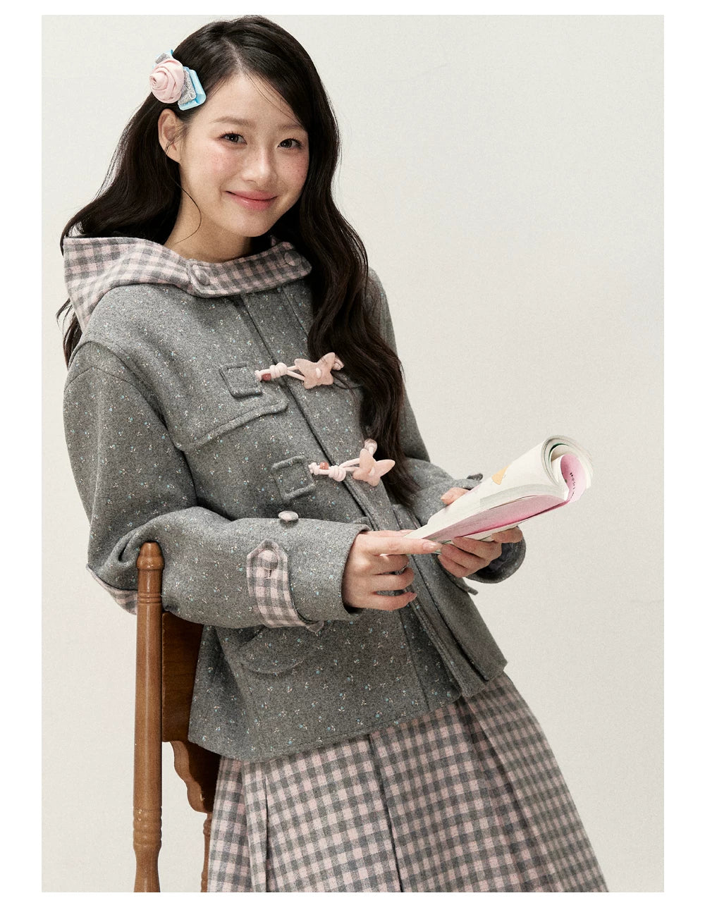 [RF] Floral Heather Gray Pink Plaid-Trim Hooded Duffle Coat