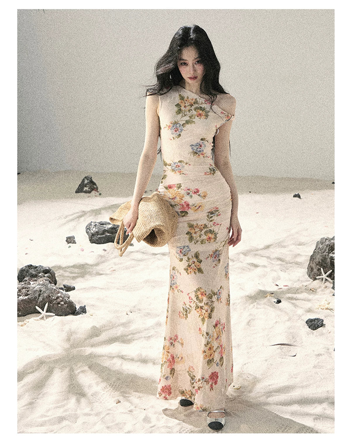 "Waiting for Blossoms" Dutch Cream Floral Mermaid Maxi Dress 43236