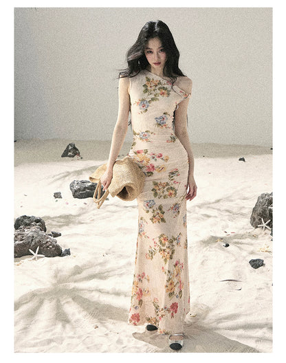 "Waiting for Blossoms" Dutch Cream Floral Mermaid Maxi Dress 43236