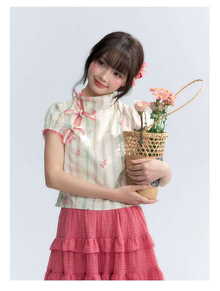 "Peach Blossom" Beige Floral Print Mandarin Collar Blouse