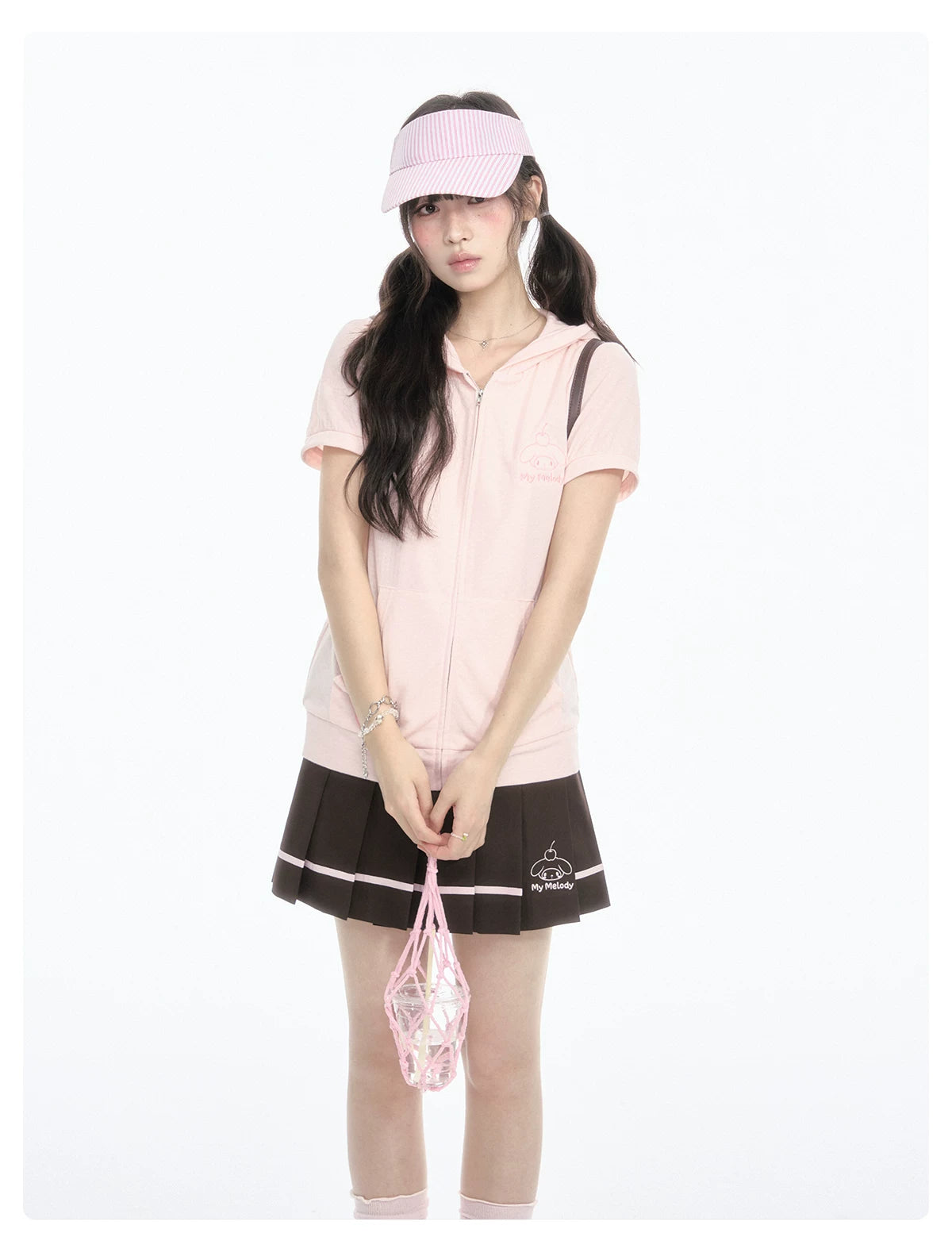 "Strawberry Daydream" Pink Hooded Zip-Up & Brown Skirt Set