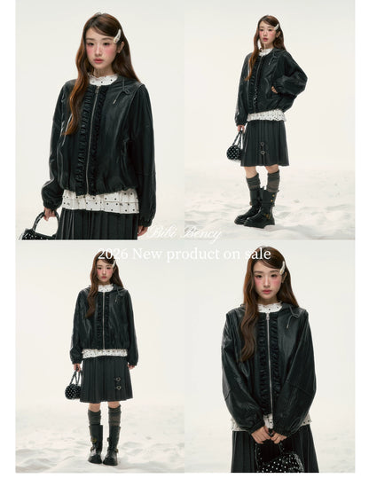 BIBIBENCY - Black Ruffle-Trim Faux Leather Jacket