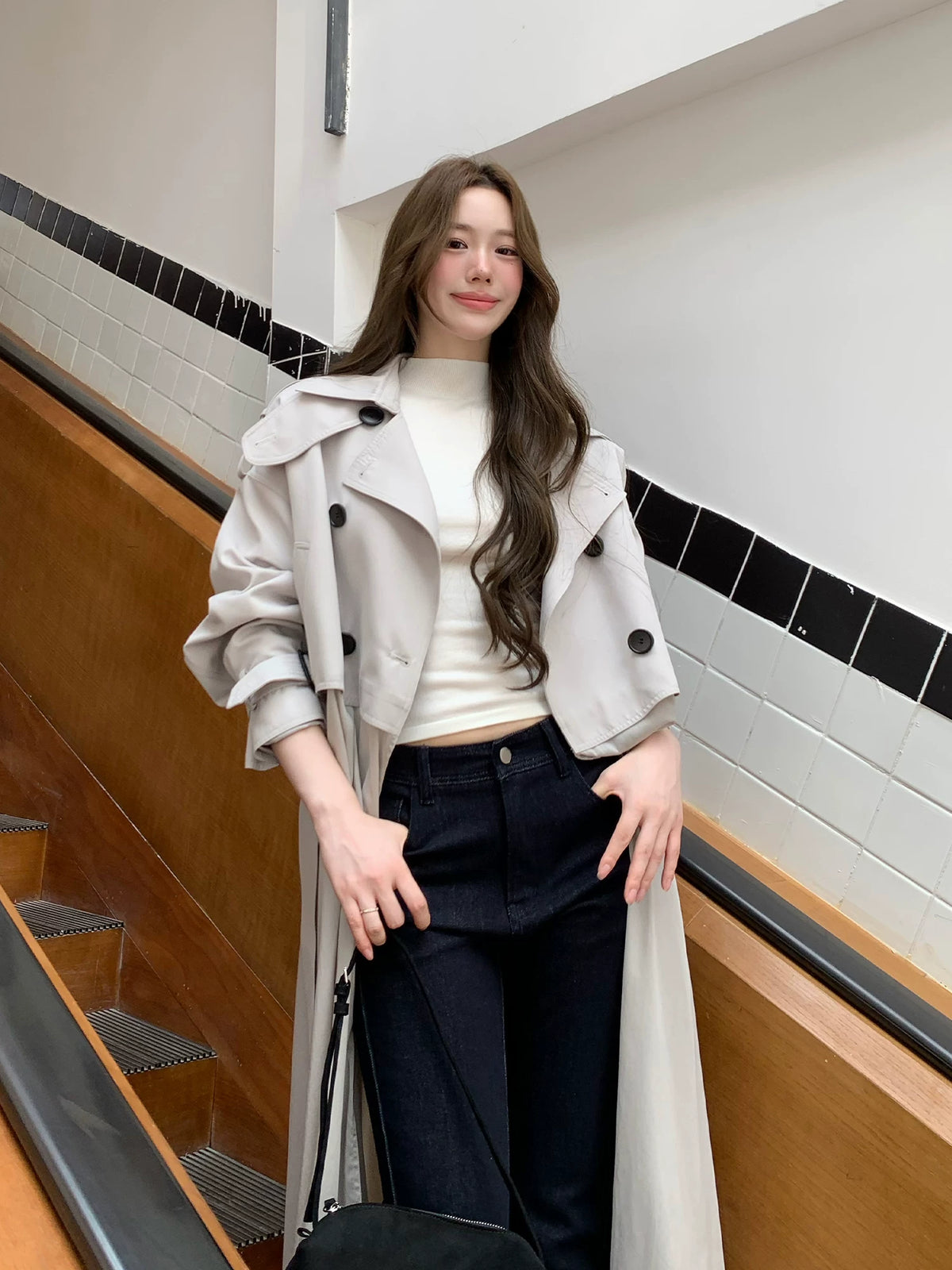 LaluneDuCiel - Beige Gray Double-Breasted Long Trench Coat
