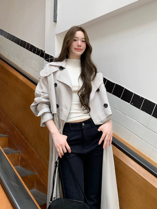 LaluneDuCiel - Beige Gray Double-Breasted Long Trench Coat
