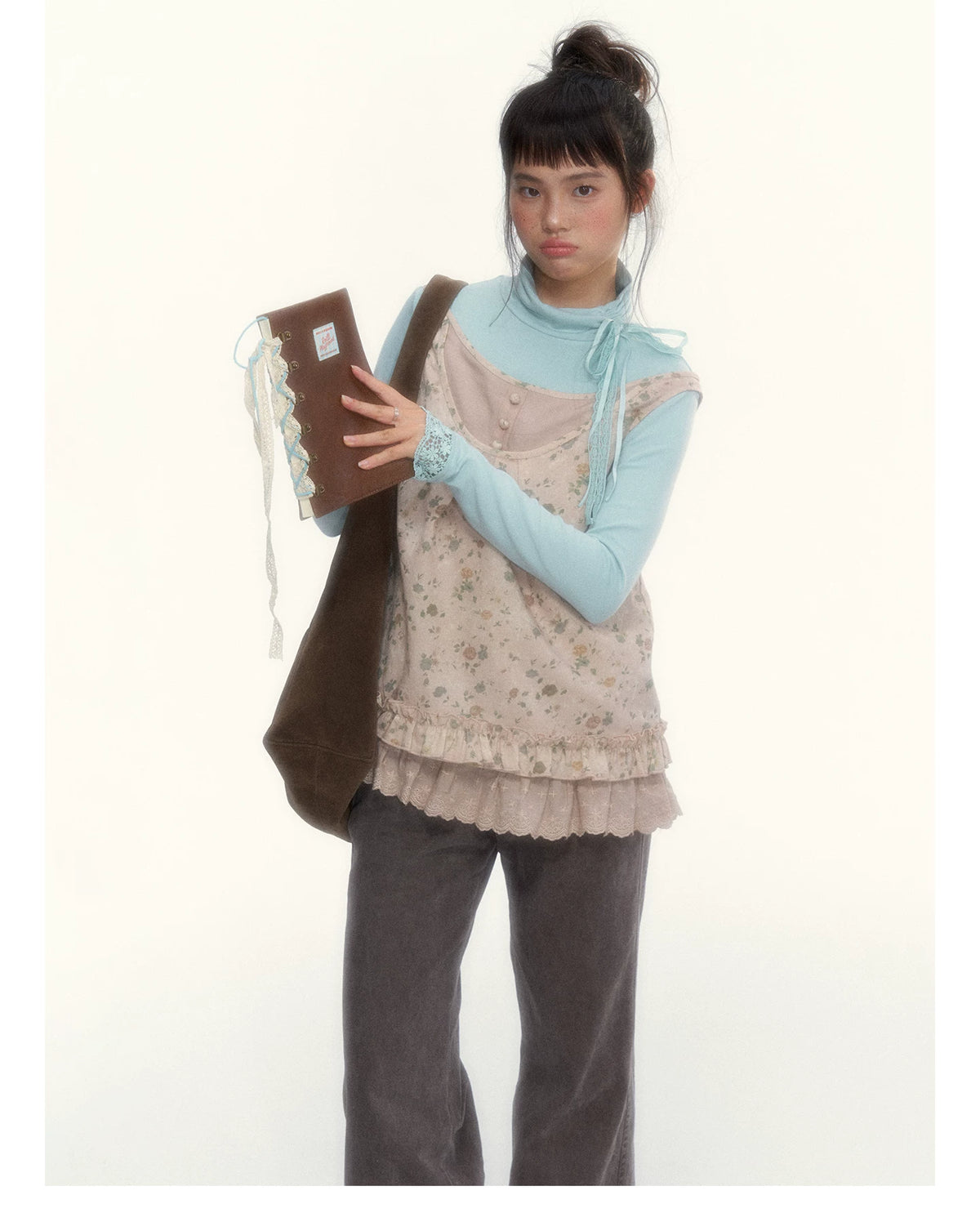 “Mint Milk Pudding” Mint Blue Lace-Trimmed Mock Neck Knit Top