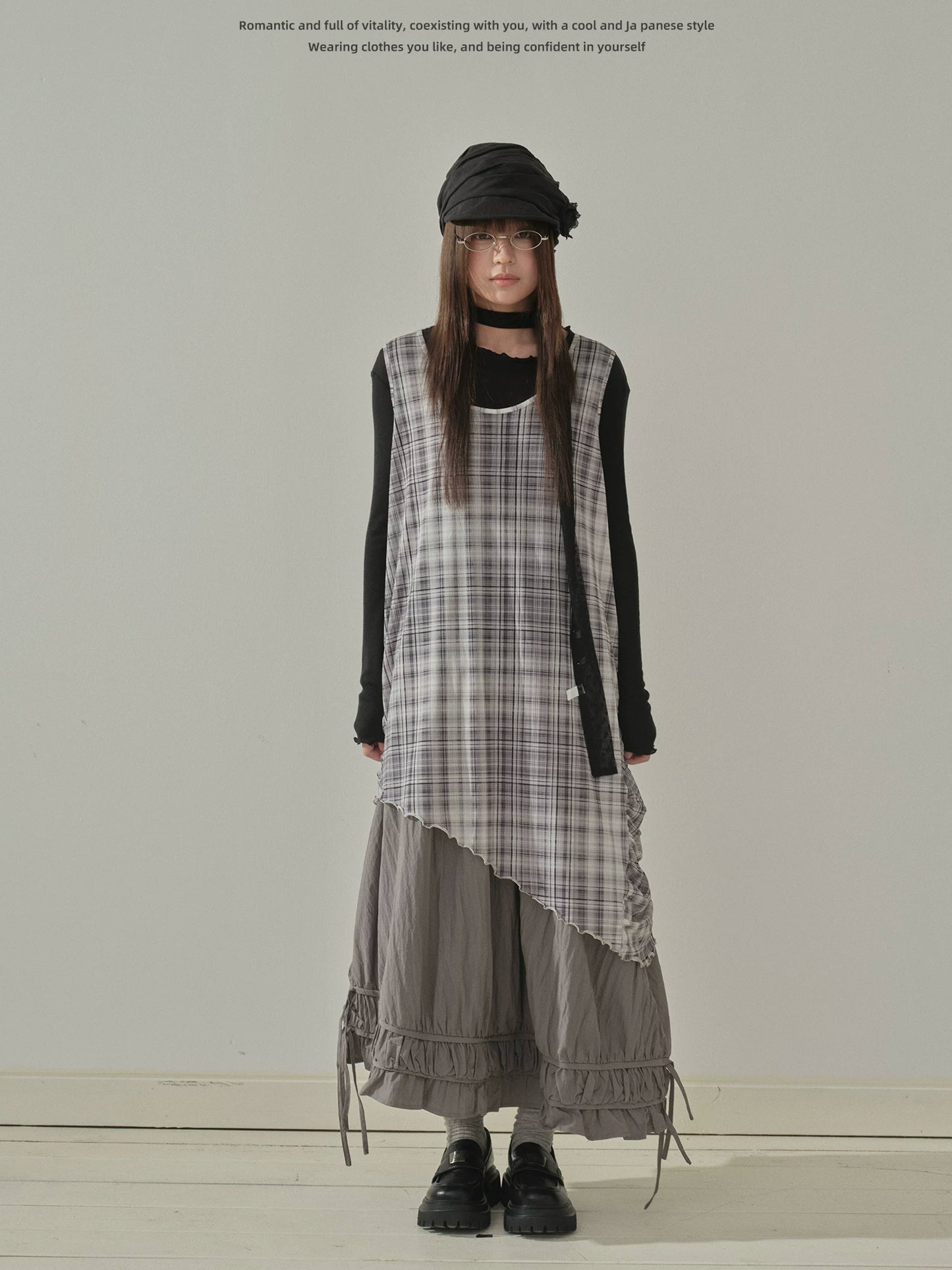 "Quiet Layers" Gray Plaid Mesh Layering Maxi Dress