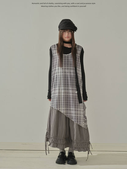 "Quiet Layers" Gray Plaid Mesh Layering Maxi Dress