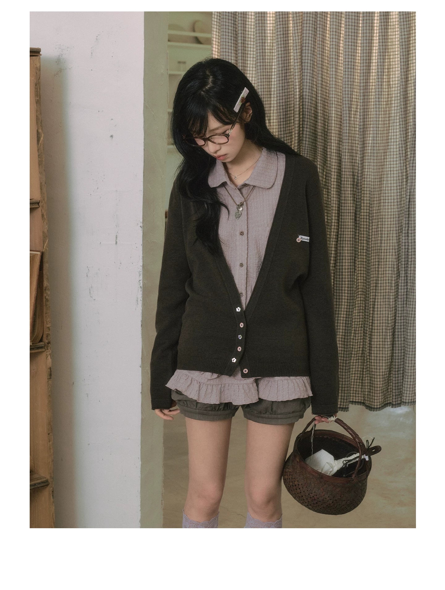 "Sage Whisper" Autumn Layered Collection (Knit Cardigan / Ruffle Shirt / Bubble Shorts)