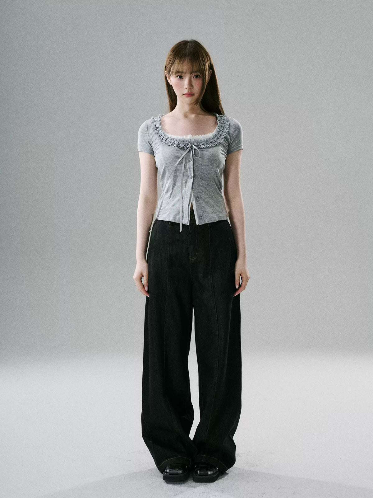 LOST FOREST - Faux-Layered Lace Short-Sleeve Top (Gray White / Black White)