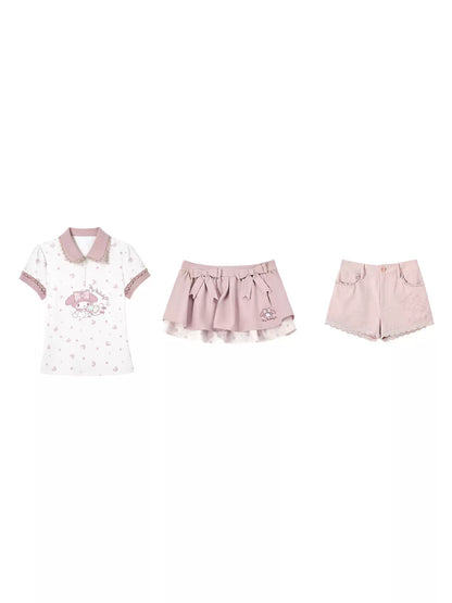 “Melody Blossom” Pink Floral Polo & Layered Skort Set