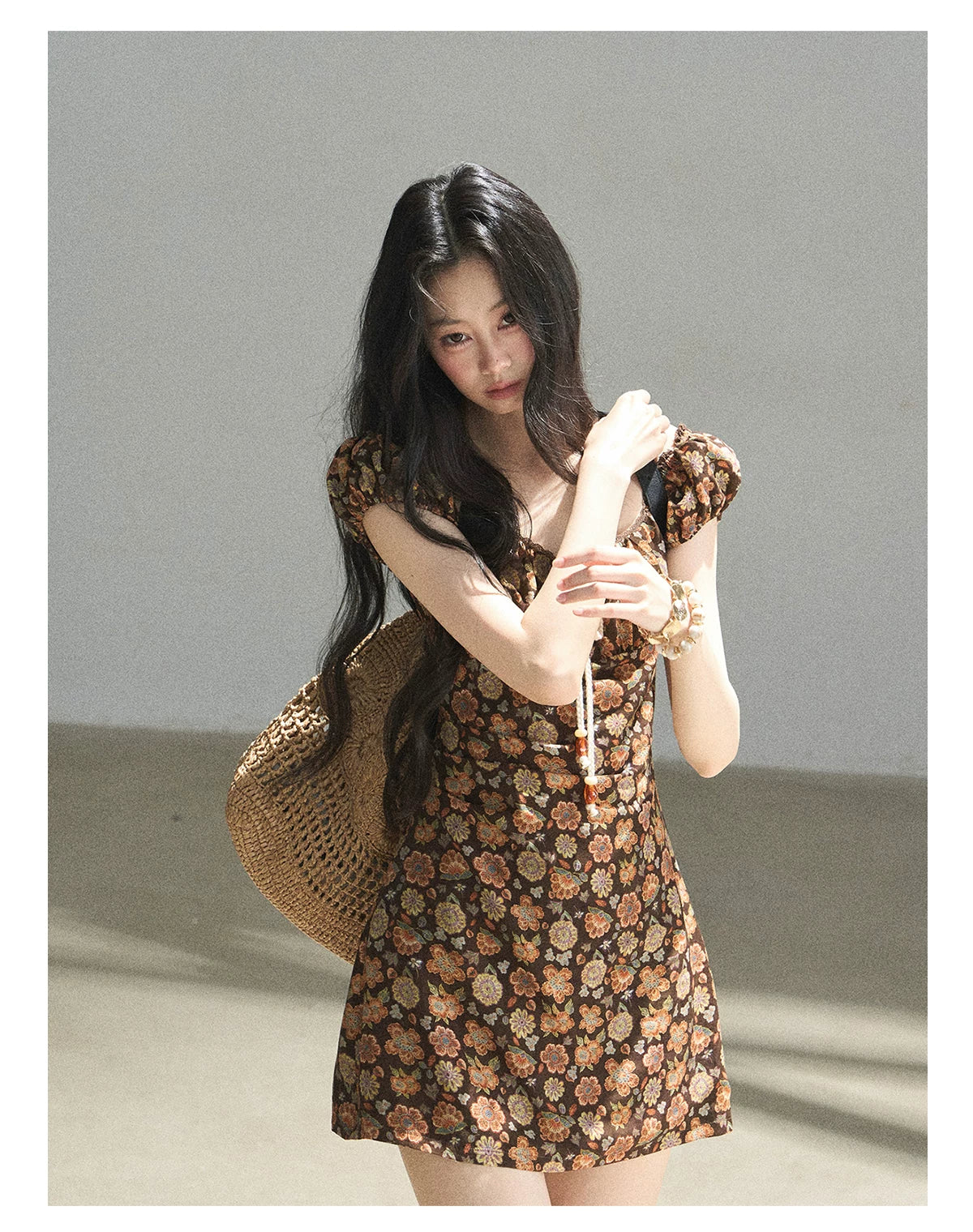 "Wildflowers & Freedom" Mocha Mousse Floral Puff Sleeve Mini Dress