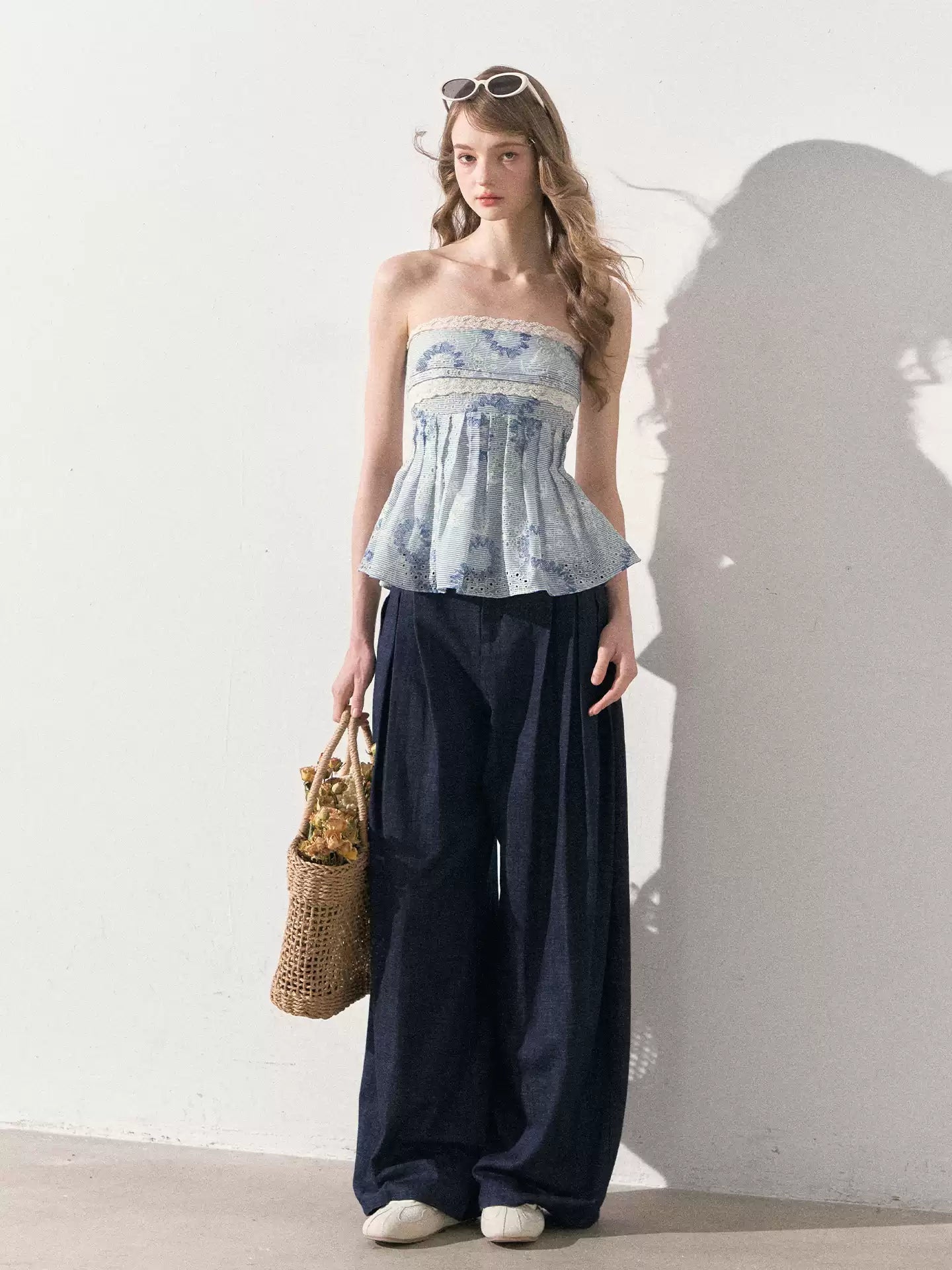 "Weekend Market" Blue Porcelain Peplum Tube Top