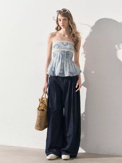 "Weekend Market" Blue Porcelain Peplum Tube Top