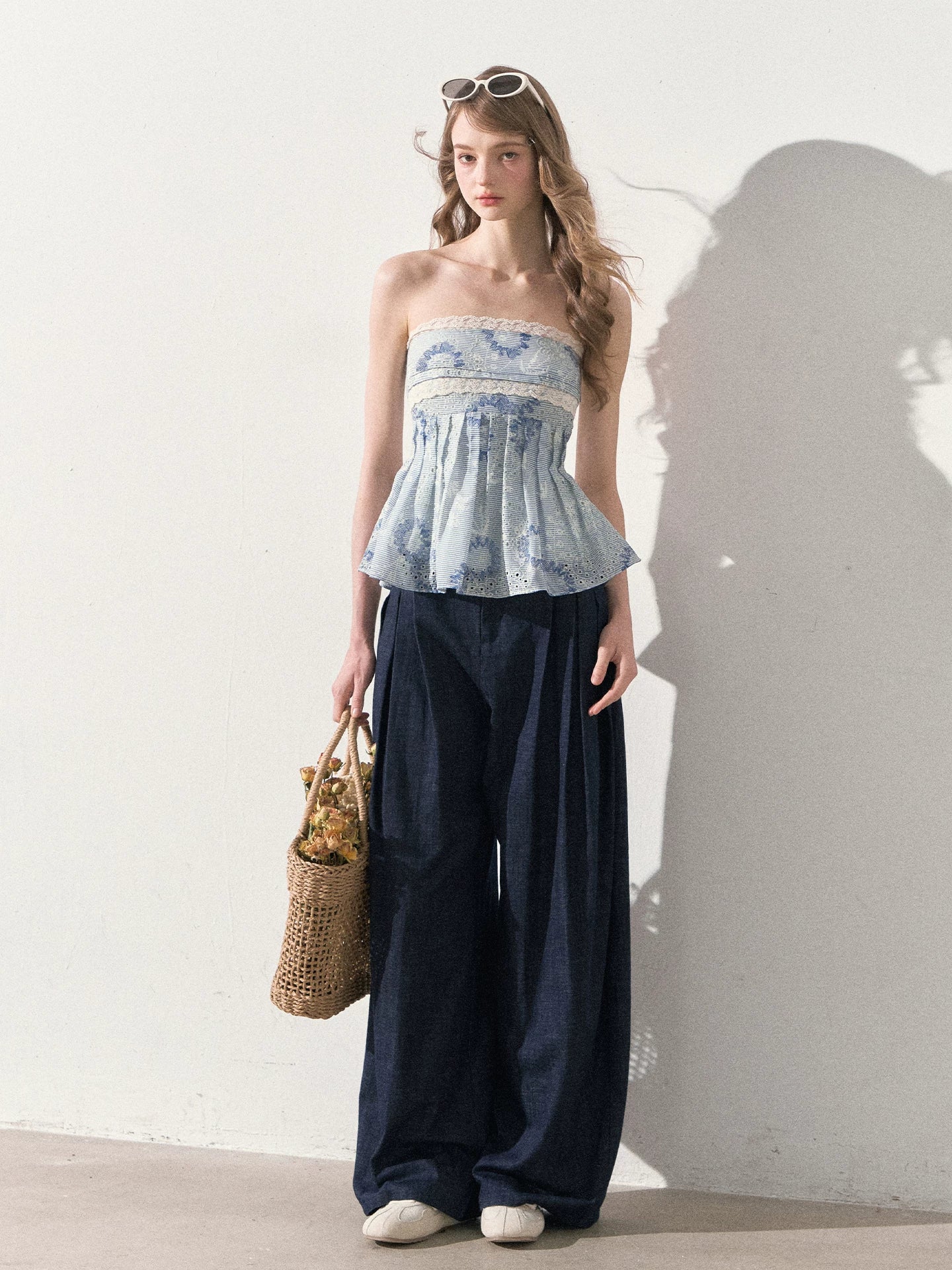 "Weekend Market" Blue Porcelain Peplum Tube Top