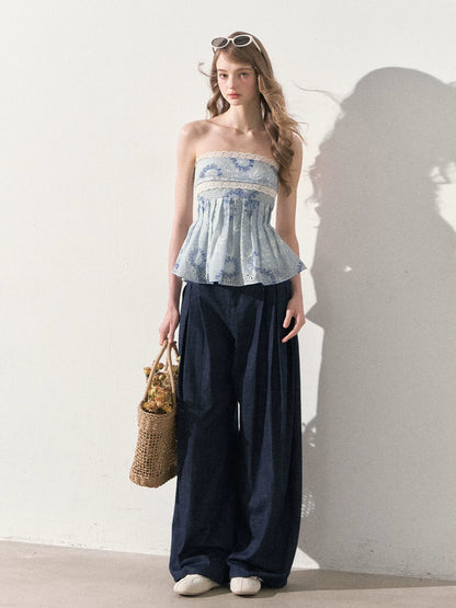 "Weekend Market" Blue Porcelain Peplum Tube Top