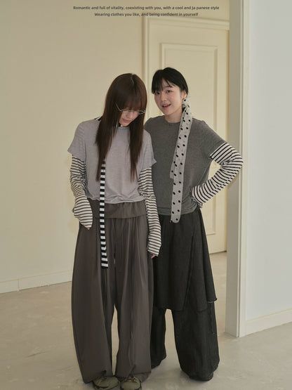 "Lazy Echo" Layered Stripe Long Sleeve Knit T-Shirt (Black Stripe / Gray Stripe)