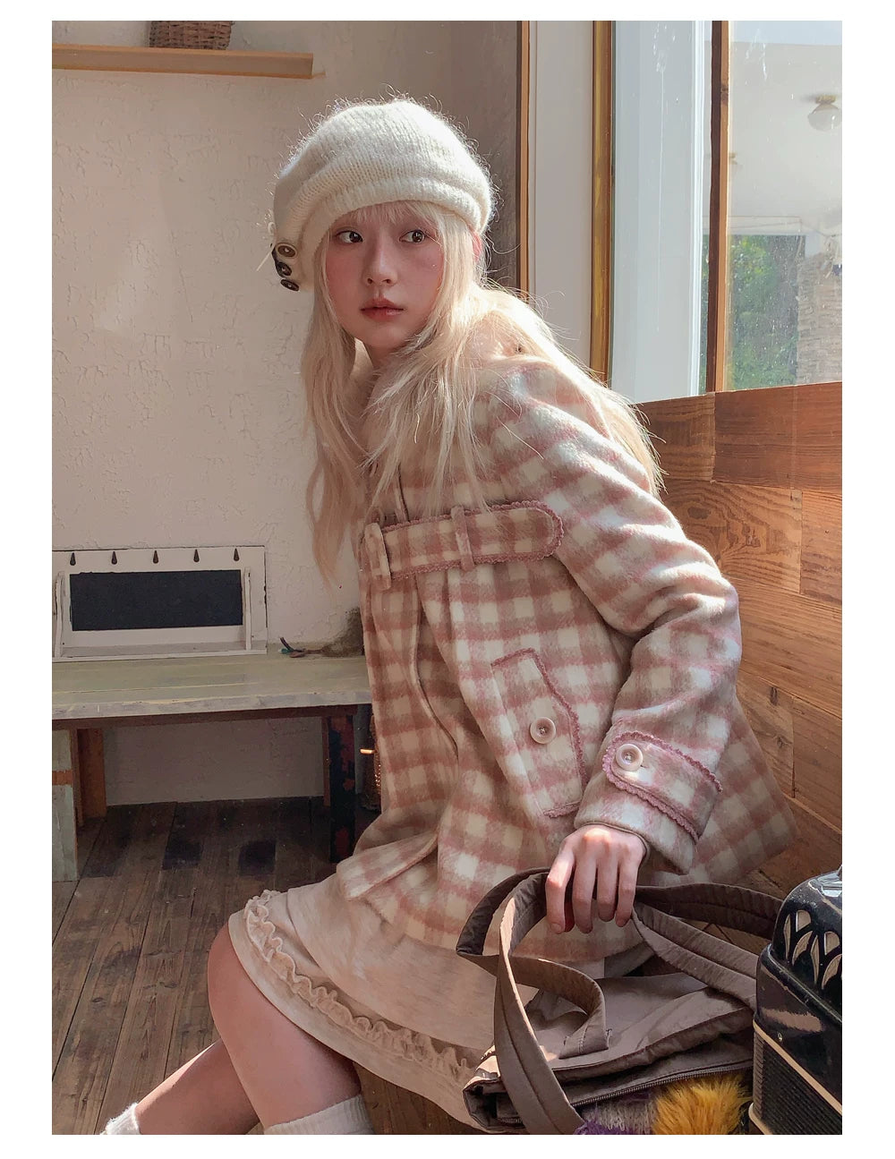 RF - Dusty Pink Plaid Wool-Look Coat with Detachable Fur Collar