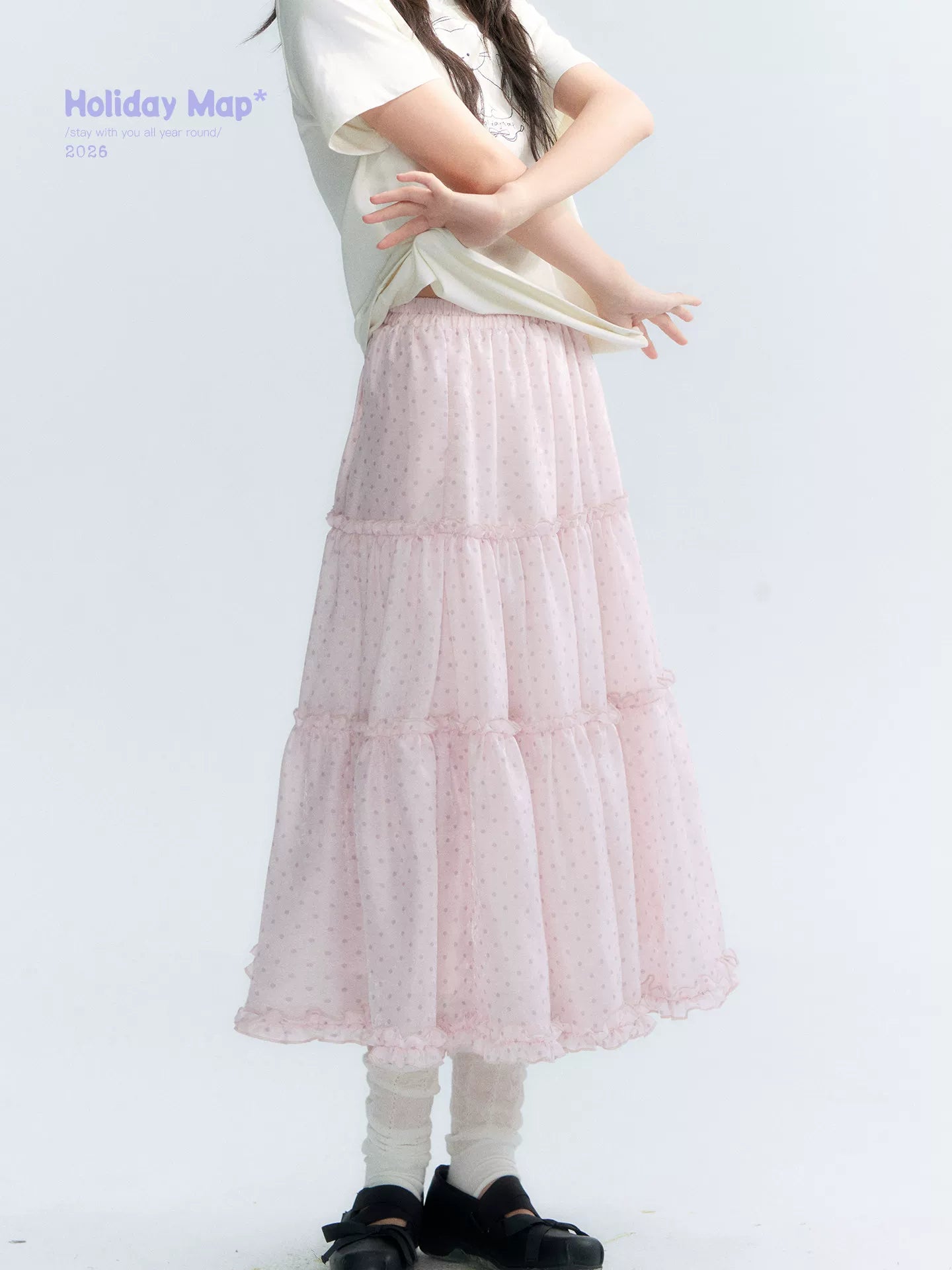 "Bubble Dream" Pink Lavender Polka Dot Tiered Midi Skirt