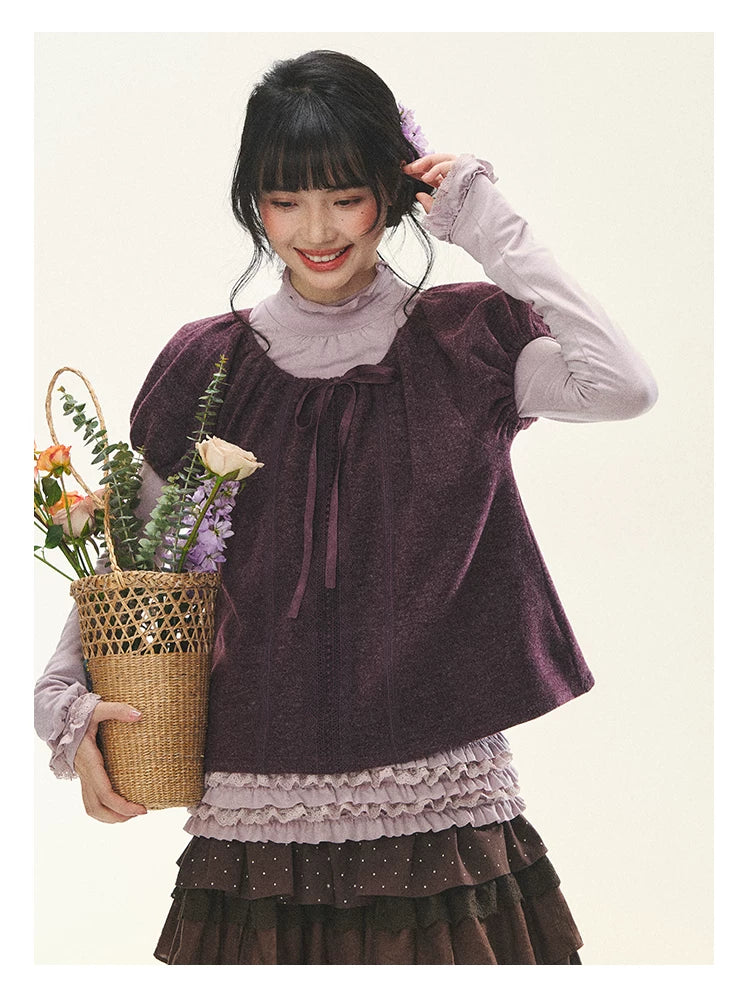 "Violet Journal" Grape Purple Bow Lace Short Sleeve Knit Top