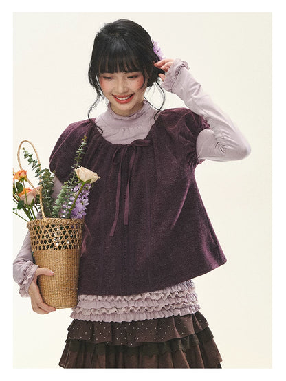 "Violet Journal" Grape Purple Bow Lace Short Sleeve Knit Top