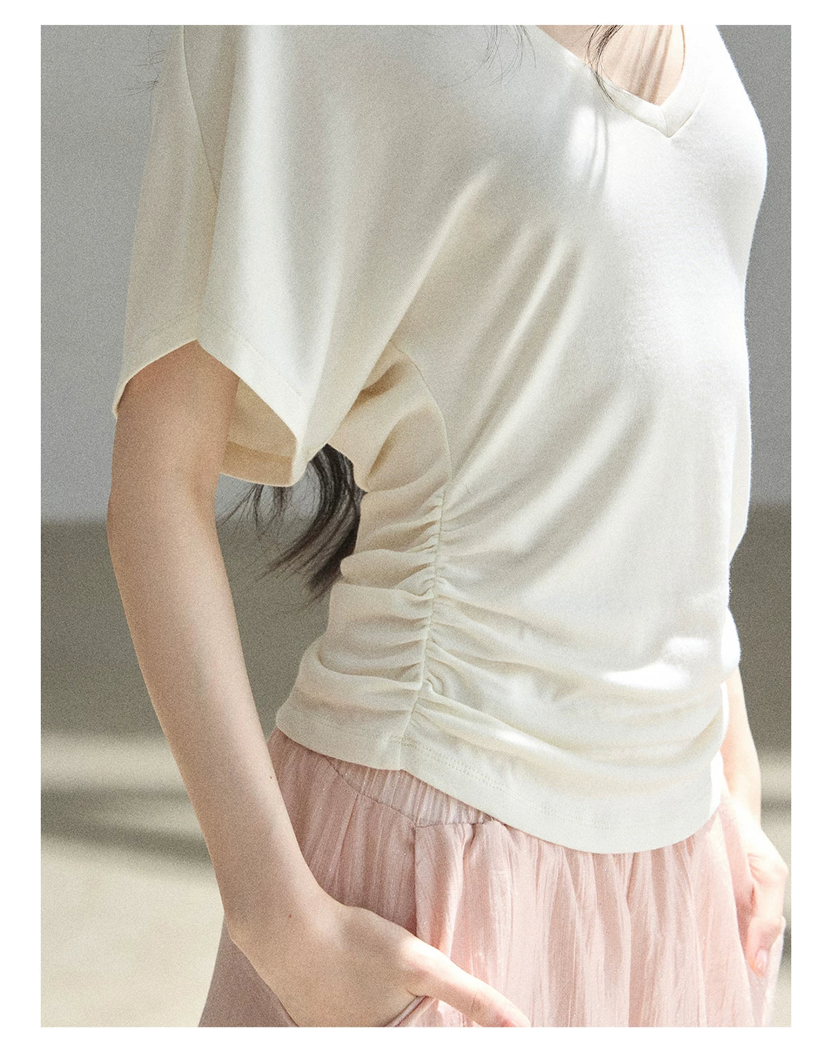 "The First Ray of Sunshine" V-Neck Crop Tee (Ginger Yellow. Creamy Apricot White)