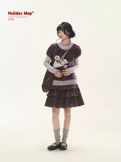 "Violet Journal" Grape Purple Bow Lace Short Sleeve Knit Top