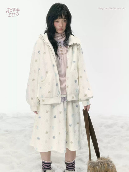 JOVYLLE - Cream Printed Fleece-Lined Sweatshirt, Pants & Skirt Set