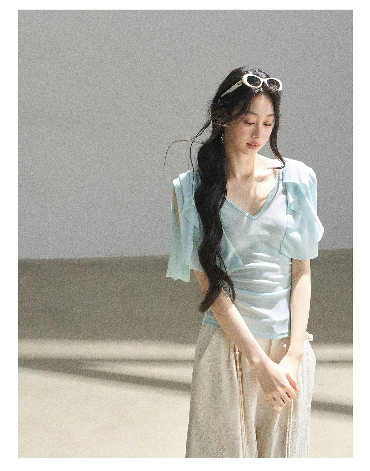 "Where Clouds Fall" Ruffle Sleeve V-Neck Crop Top (Forest Green/ Sage Gray/ Misty Blue/ Cinnamon Pink)