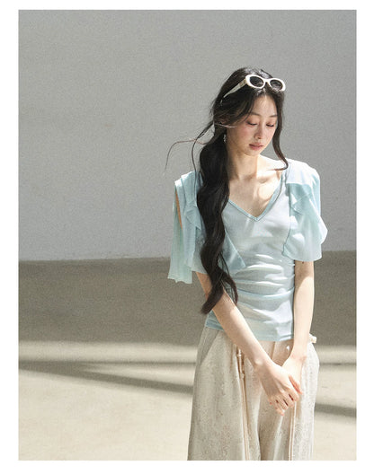 "Where Clouds Fall" Ruffle Sleeve V-Neck Crop Top (Forest Green/ Sage Gray/ Misty Blue/ Cinnamon Pink)