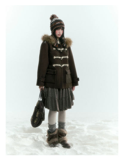 Horridale - Dark Coffee Brown Cropped Hooded Toggle Coat with Detachable Faux Fur Collar