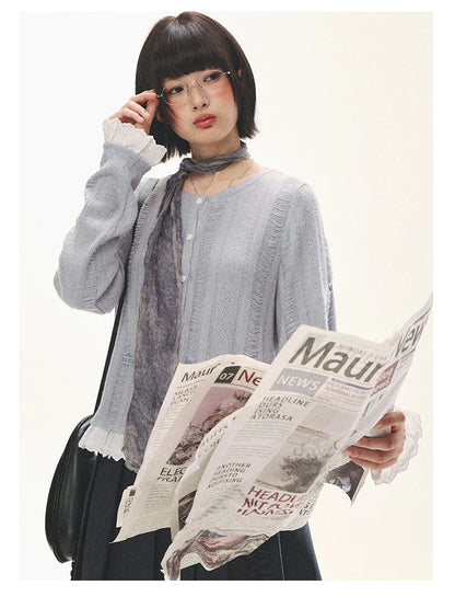 "Wisteria Whisper" Open-Knit Lace Tie Cardigan (Wisteria/ Ivory)