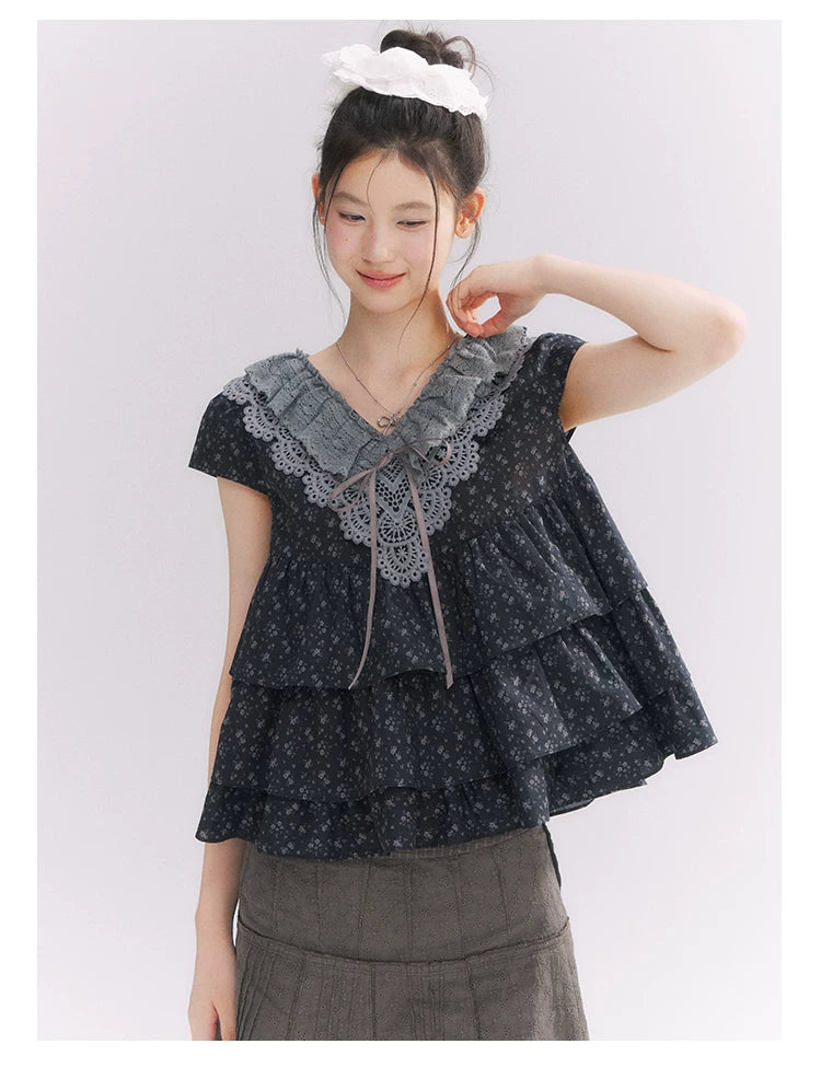 “Midnight Petal” Gray-Black Floral Top & Tiered Dress