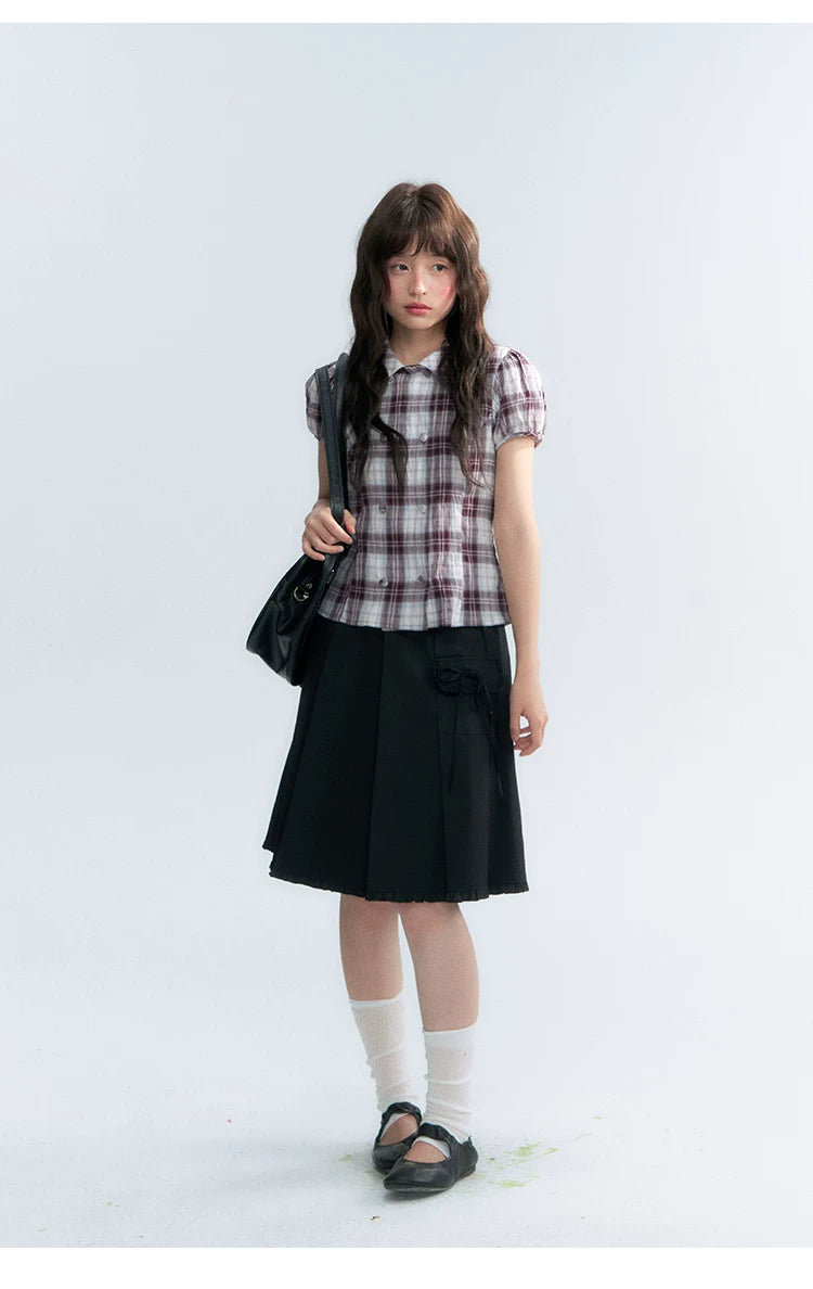 "Violet Mist Bow" Purple Brown Plaid Blouse