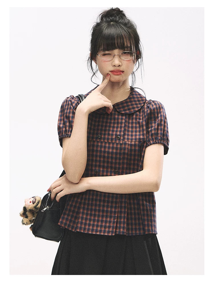 "Retro Plaid Sweetheart" Navy Orange Check Cotton Peter Pan Collar Blouse