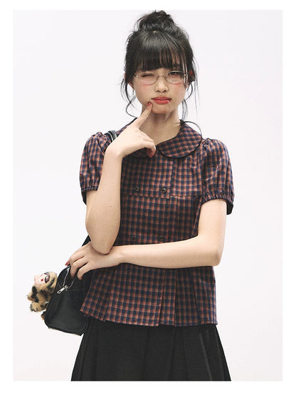 "Retro Plaid Sweetheart" Navy Orange Check Cotton Peter Pan Collar Blouse