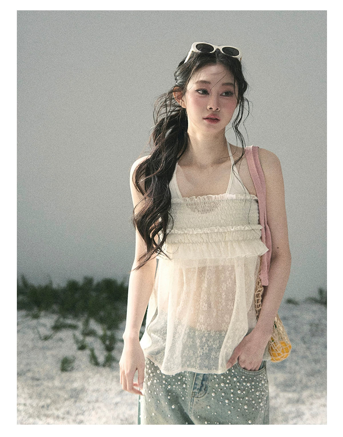 “Shattered Glasslight Veil” Cream Lace Halter Twinset Top