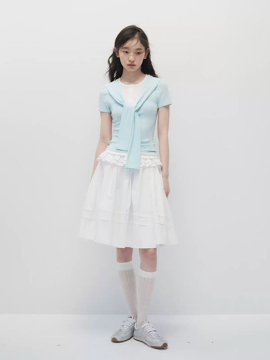 Mint Blue Faux Two-Piece Top & White A-Line Midi Skirt Set