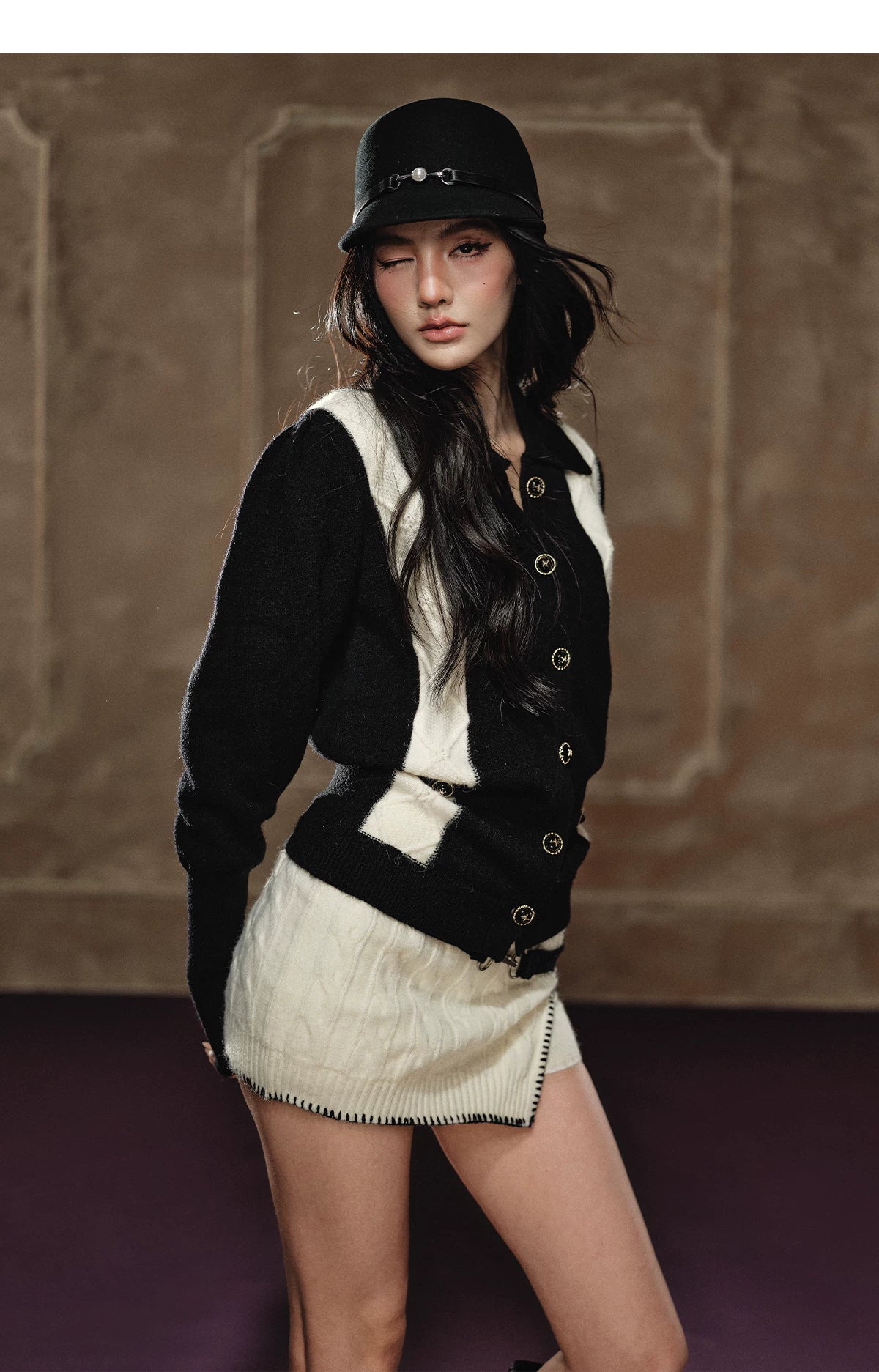 Contrast Knit Sweater & Belted Cable Knit Skort Set