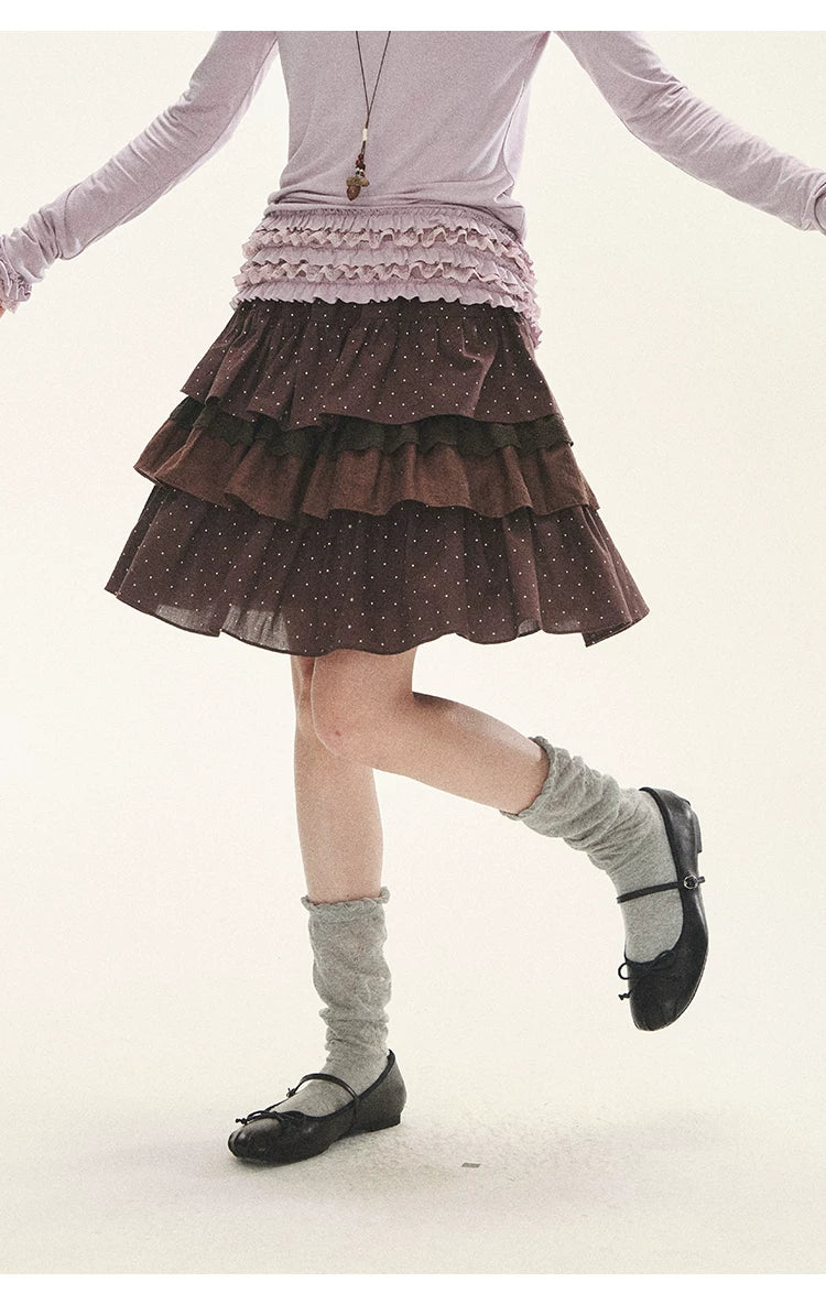 "Caramel Lace Notes" Brown Polka Dot Tiered Lace Midi Skirt